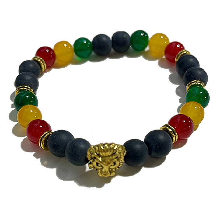 ラスタカラーのストレッチビーズブレスレット2 Rasta Bracelet Fashion Jewelry w/ Gold / Roots & Culture(ルーツアンドカルチャー)ブラックオニキスビーズ、ゴールドトーンスペーサービーズ、ラスタカラービーズ