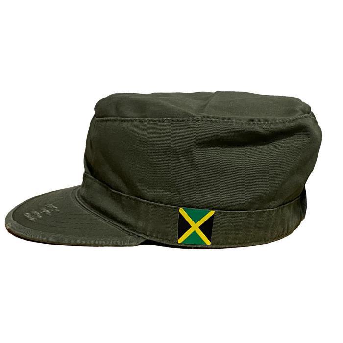 Jamaica Military Cap - Unisex グリーン(60cm XLサイズ) / RIDDIM DRIVEN(リディムドリヴン) ビンテージ・ミリタリースタイルキャップ・ダメージ加工 ジャマイカ国旗付き