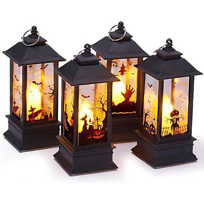 Halloween Lanterns 4 Pack Orange LED Lamp Lights, Skeleton Owl Bat Castle Hanging Decorative Lanterns for Home Party Bar