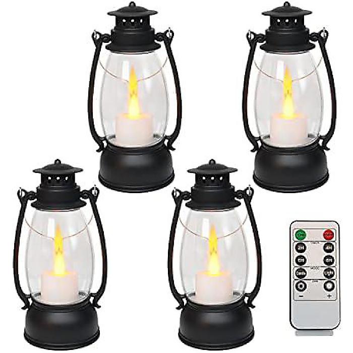 LLQ Small Lanterns Decorative, Vintage LED Candle Lanterns with Timer, Black Battery Lanterns, Table Centerpieces, Camping Decorative, Western Party Rustic Wedding Decor (4 PCS)