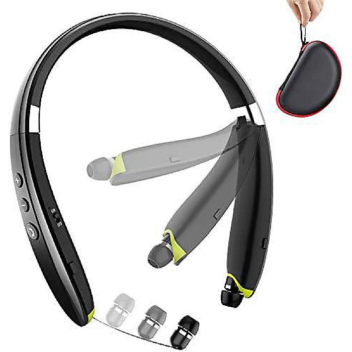 BEARTWO Bluetooth Neckband Headphones, Upgraded Wireless Earphones with Retractable Earbuds, Noise Cancelling, Mic (with Carry Case)