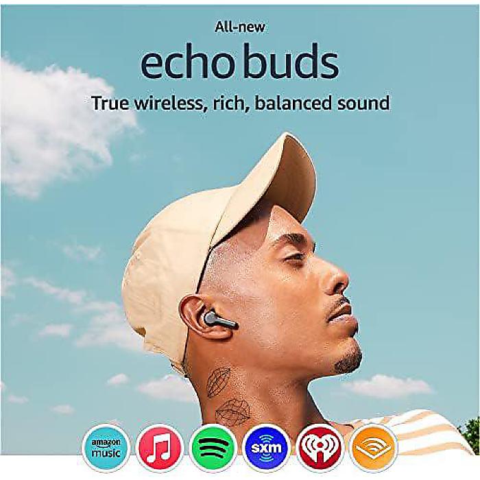 Echo Buds (2023) | Bluetooth 5.2 Earbuds with Alexa, multipoint, 20H battery and charging case, fast charging, sweat resistant | Black
