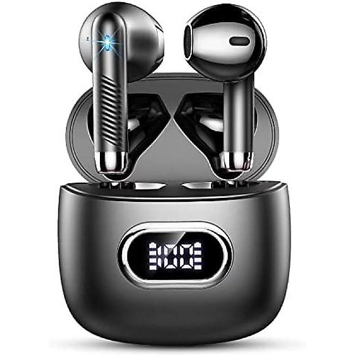Wireless Earbud 5.3, 4 ENC Mics, 32H Bluetooth Earphones, LED Display, IP7 Waterproof, Bass, Noise Cancelling, USB-C, Black.