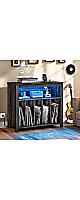 YITAHOMEレコードプレーヤースタンド（ヤイタホーム） パワーアウトレット＆LEDライト付き ヴィンテージ収納テーブル 最大200枚収納可能 ダークラスティックオーク