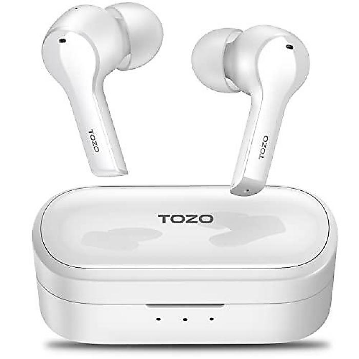 T9 True Wireless Earbuds with Environmental Noise Cancellation 4 Mic Call Noise Cancelling Headphones, Deep Bass, Lightweight Wireless Charging Case, IPX7 Waterproof, Built-in Mic - White