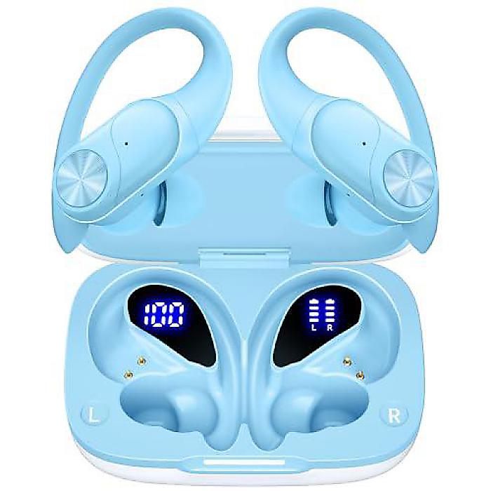 Bluetooth Headphones Wireless Earbuds 80hrs Playtime Wireless Charging Case Digital Display Sports Ear buds with Earhook Premium Deep Bass IPX7 Waterproof Over-Ear Earphones for TV Phone Laptop Blue