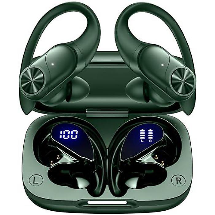 Bluetooth Headphones Wireless Earbuds 80hrs Playtime with Charging Case Digital Display Sports Earhook Premium Deep Bass IPX7 Waterproof Over-Ear Earphones Olive(フルトルタイム)