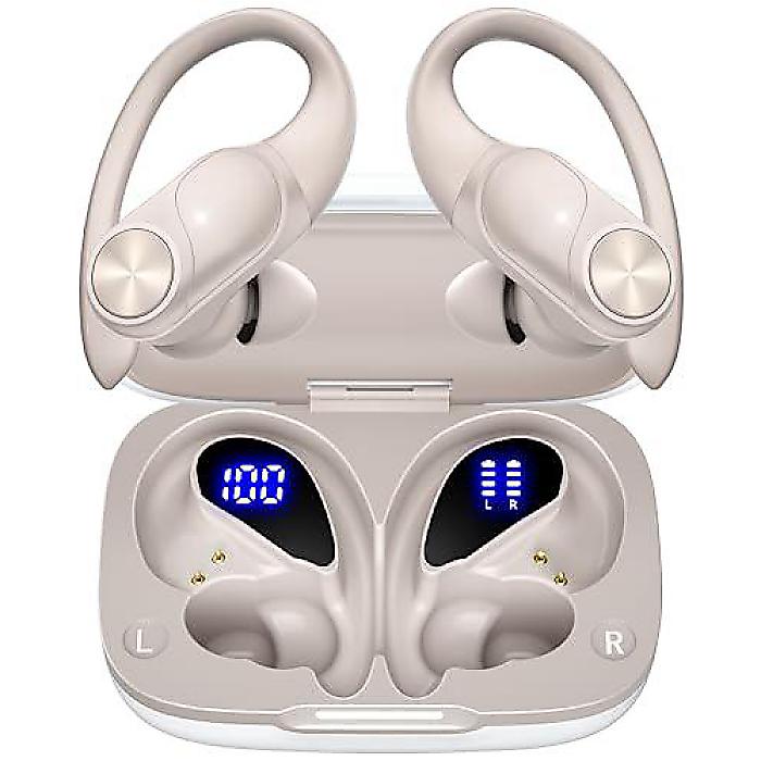 Bluetooth Headphones Wireless Earbuds 80hrs Playtime Wireless Charging Case Digital Display Sports Ear buds with Earhook Waterproof Over-Ear Earphones for TV Phone Laptop Contrast Color (Pearl Gray)