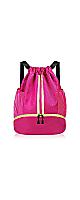 Drawstring Backpack Waterproof Sports Gym Bag With Shoe Compartment and Water Bottle Pockets (Rose Red)