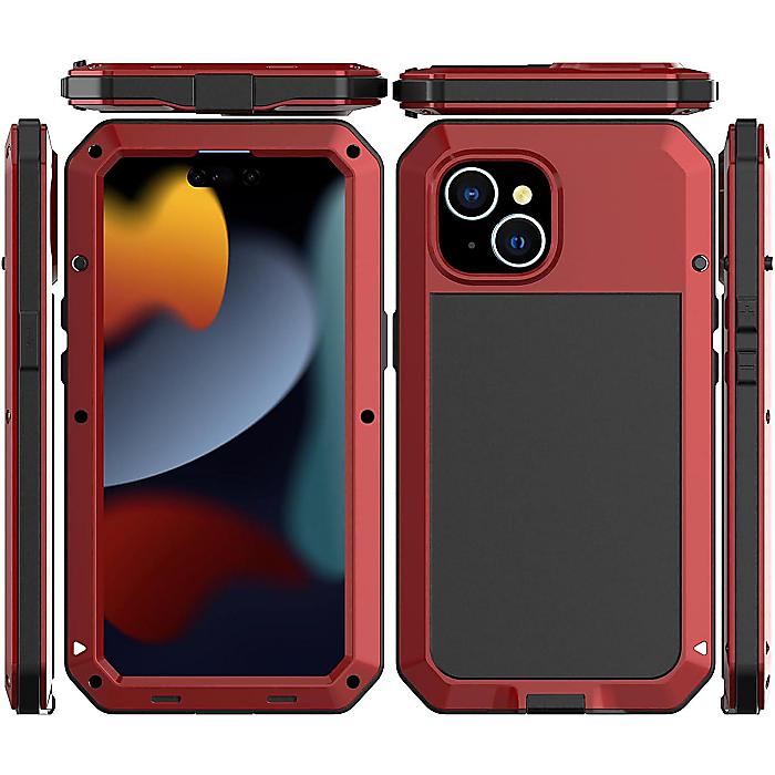 【レッド】Marrkey iPhone 15対応ケース【Tough Armour】アルミ合金メタルケース、シリコン内蔵スクリーンプロテクター付き、フルボディ防護カバー-