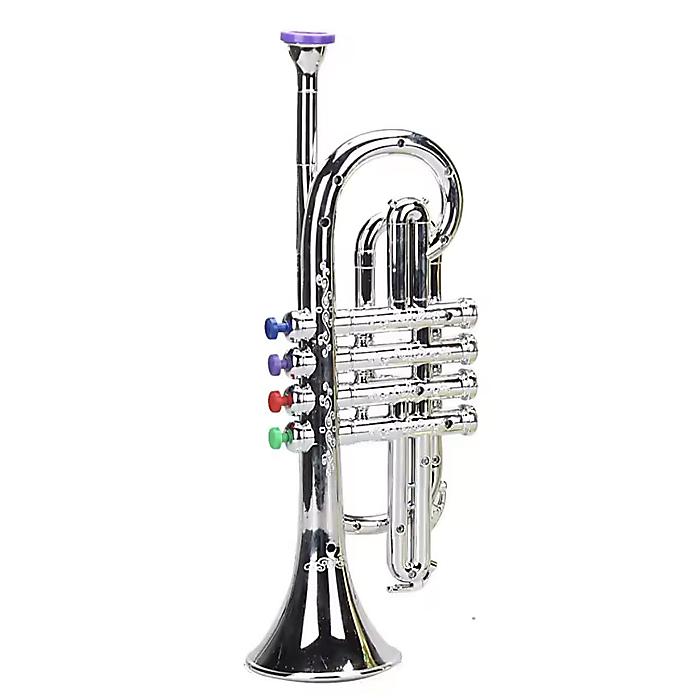 おもちゃトランペット シルバー キッズ用 / 4カラーキー付き 吹く楽器トイ 14曲ガイド付き 音感育成 ウインド楽器 【ボンテンピ互換品】