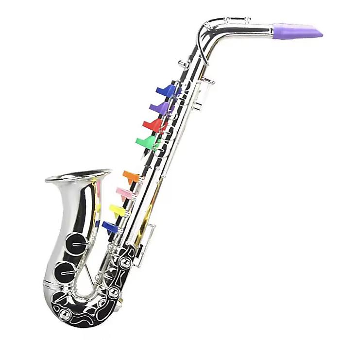 おもちゃサックス シルバー キッズ用 / 8カラーキー付き Wind楽器トイ 14曲ガイド付き 音感育成 吹く楽器 【ボンテンピ互換品】