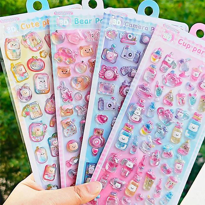 ボンボンドロップ風 ぷっくり立体 デコシール 4枚セット 透明感 3D レリーフ デザイン くま・カメラ・カップ・パーティ モチーフ (手帳デコ・スクラップ・日記・DIY用)
