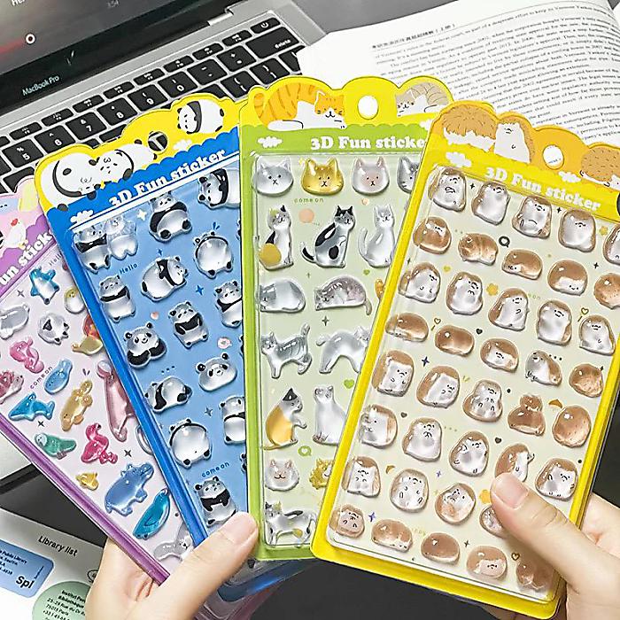 ボンボンドロップ風 ぷっくり立体 アニマルデコシール 4枚セット 3D レリーフ デザイン 手帳デコ・スクラップ・日記・DIY用