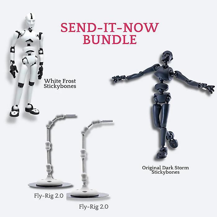 Stickybones(スティッキーボーンズ) / Send-It-Now Bundle (White Frost) 可動式ポーズフィギュア 2体 + Fly-Rig 2.0 ×2 セット デッサン人形 ポーズモデル アーティスト用