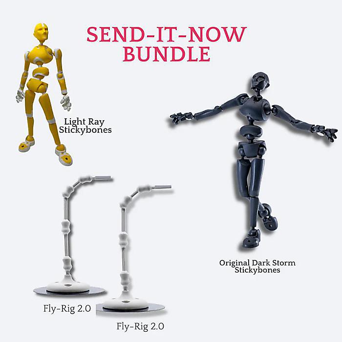 Stickybones(スティッキーボーンズ) / Send-It-Now Bundle (Light Ray) 可動式ポーズフィギュア 2体 + Fly-Rig 2.0 ×2 セット デッサン人形 ポーズモデル アーティスト用